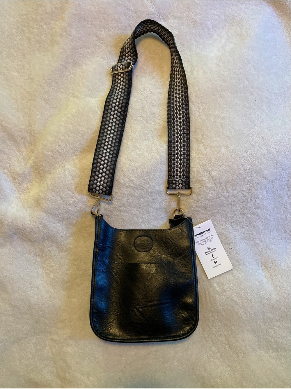 Ah-dorned Black Crossbody Bag with woven adjustable Strap